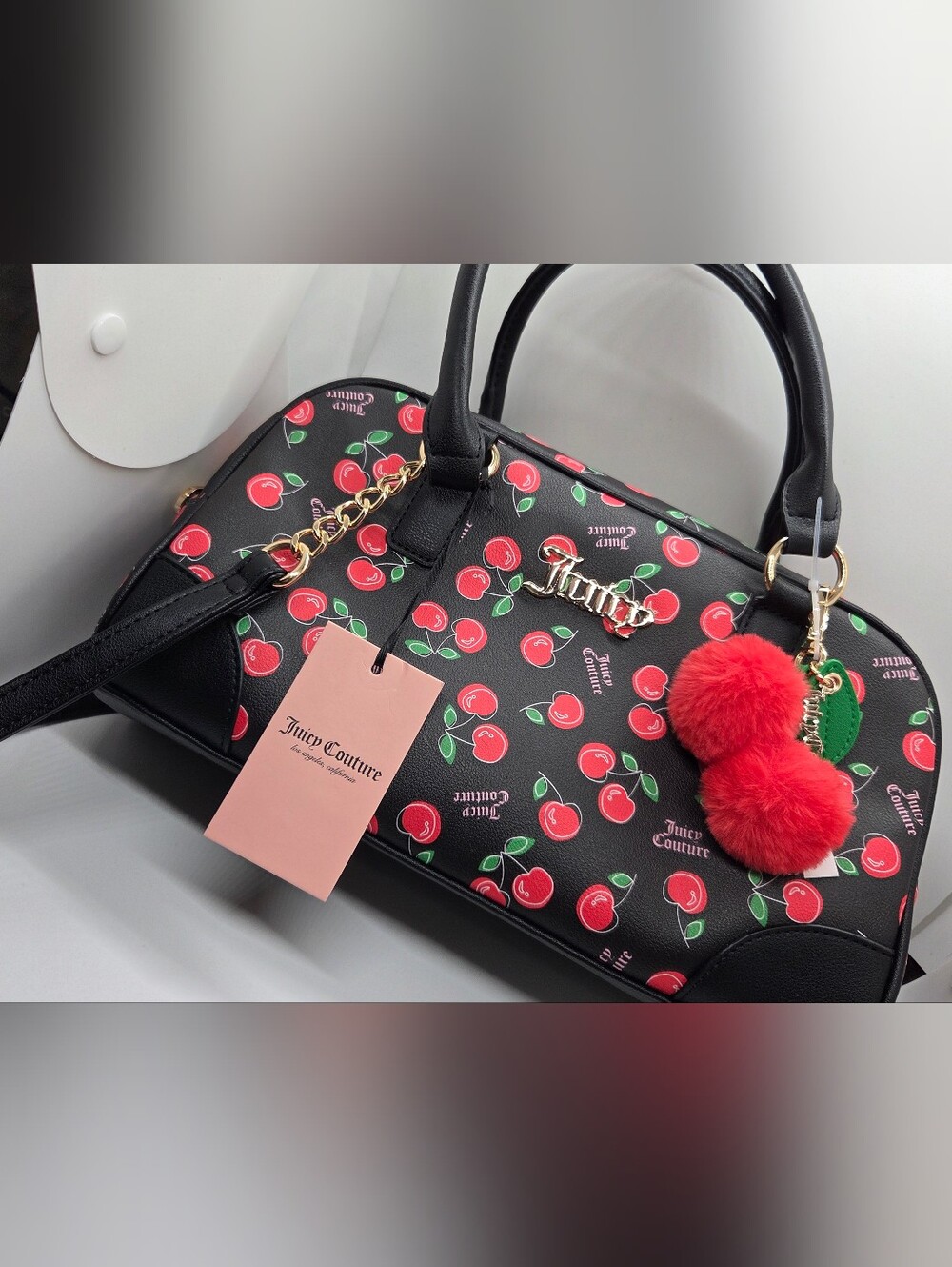 Juicy Couture Cherry Print Black Satchel Bag Crossbody Purse NWT Charm